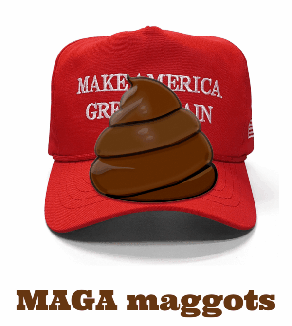 A red MAGA hat; brown faeces on it.