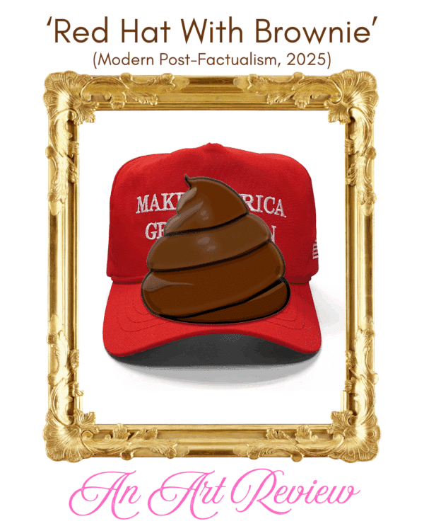 gold framed art work of modern post-factualism in Red and Brown