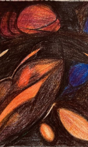 Color pencil drawing of ecliptic shapes in warm colors